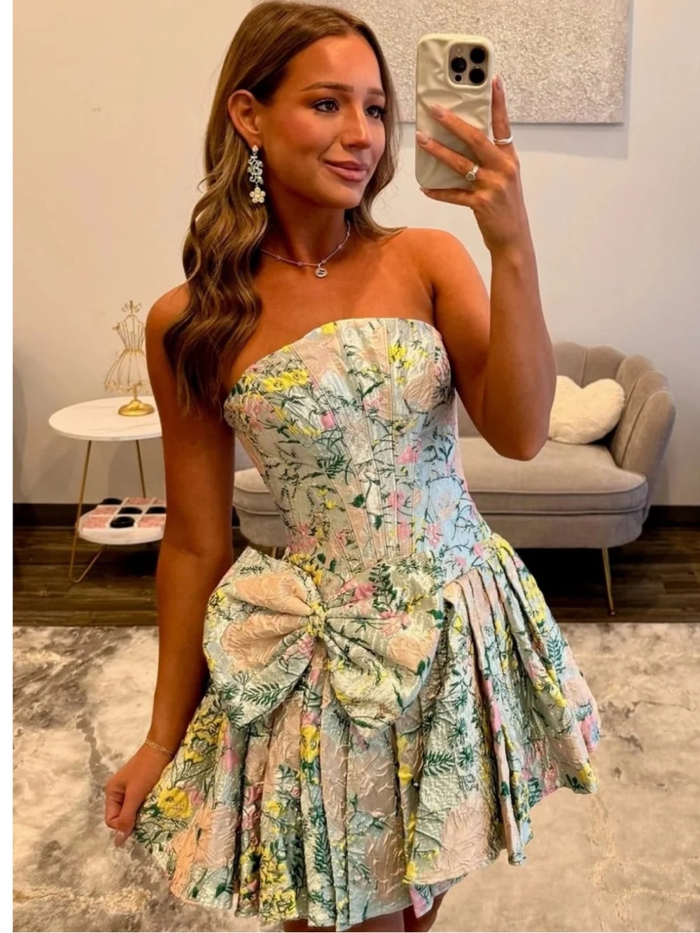 Furla Pastel Floral Strapless Brocade Mini Dress
